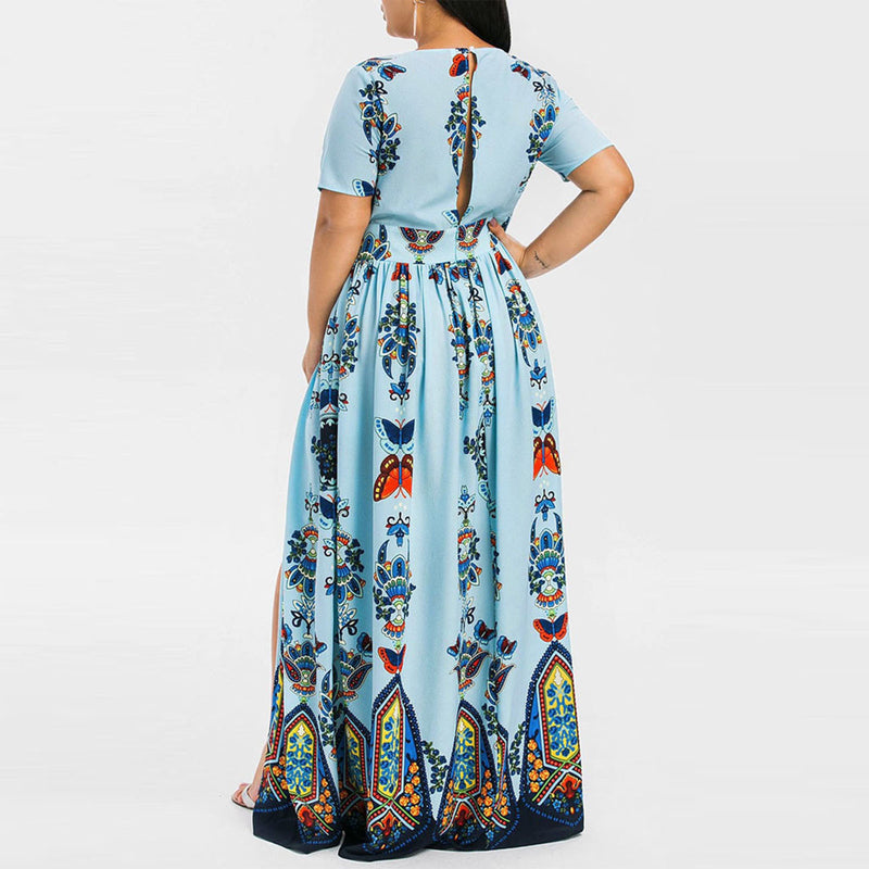 Printed Women Curvy Slit Maxi Dresses Wholesale Plus Size Clothing