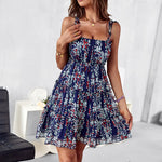 Agaric Laces Floral Printed Chiffon Sundresses Lace-Up Sling Ruffled Swing Dress Wholesale Dresses