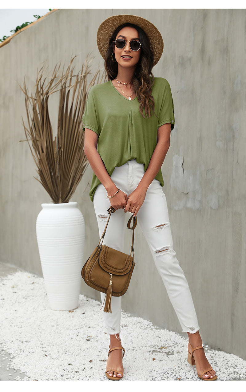 Solid Color Short Sleeve V Neck Wholesale T-shirts For Women Summer