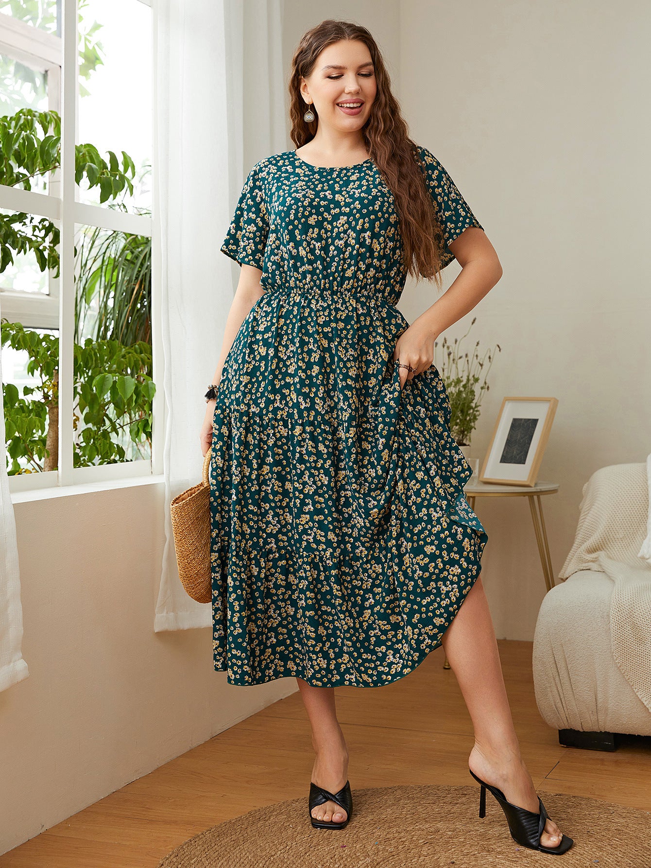 Round Neck Plus Size Printed Wholesale Dresses