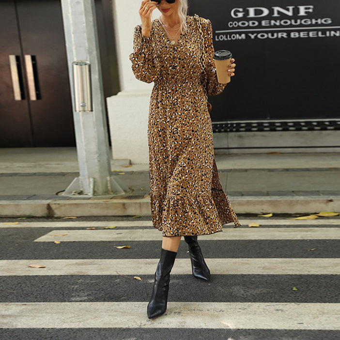 Printed V-Neck Puff Long Sleeve A-Line Dress Wholesale Dresses