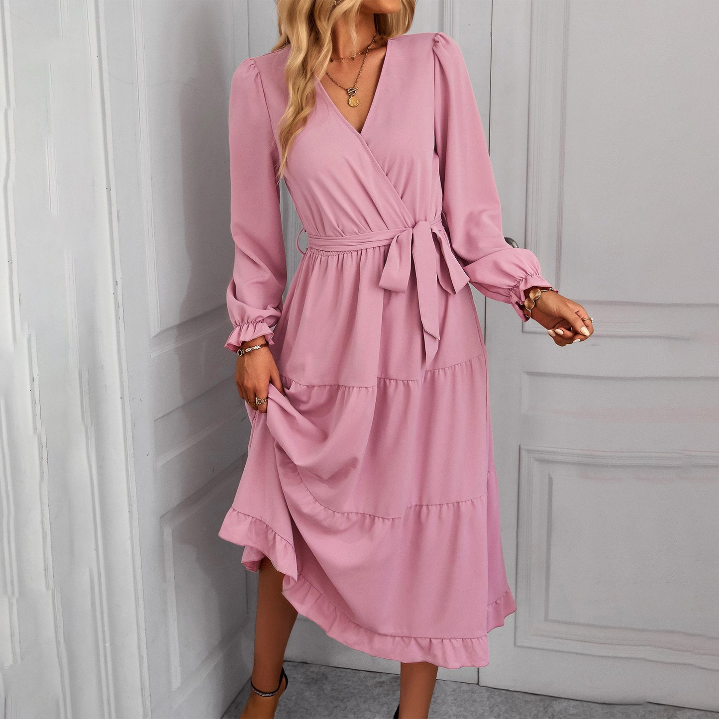 Solid Color Tie-Up Waist Long Sleeve Smocked Dress Wholesale Dresses