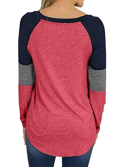 Casual Patchwork Top Loose Crew Neck Wholesale Womens Long Sleeve T Shirts