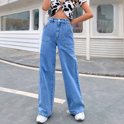 Solid Color High Waist Loose Wide Leg Pants Straight Denim Trousers Wholesale Women Jeans