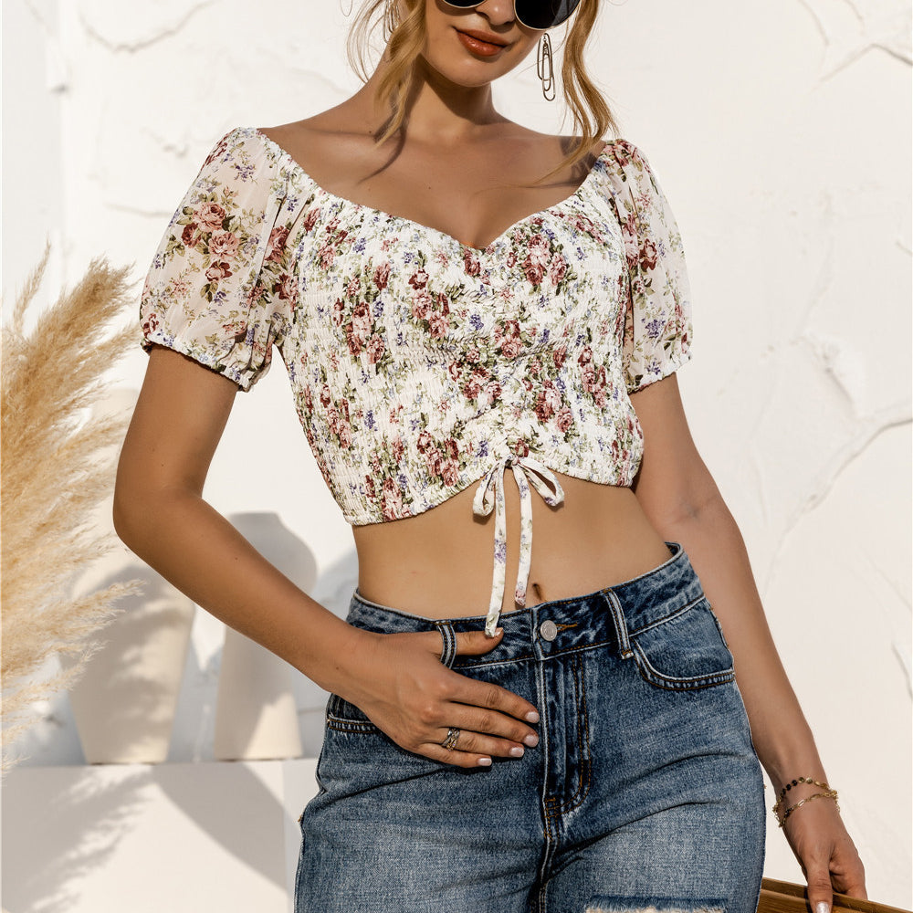 Floral Print Short-Sleeve Off Shoulder Drawstring Sexy Women'S Cropped Shirts Wholesale Crop Tops