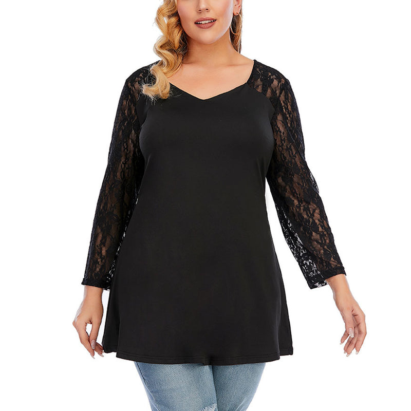 Wholesale Women'S Plus Size Clothing Solid Color Lace Stitching Long Sleeve V Neck Blouses