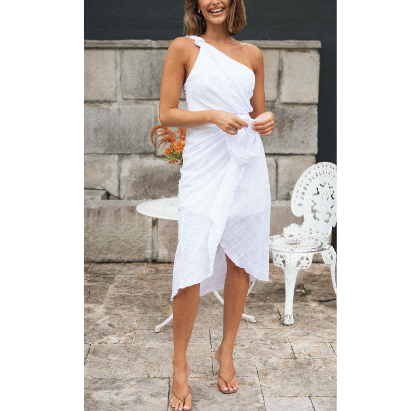 One Shoulder Sleeveless Waist Knotted Slit Midi White Dress Wholesale Dresses