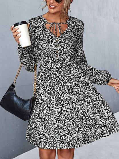 Casual Tie-Up Neck Long Sleeve Floral Dress Wholesale Dresses