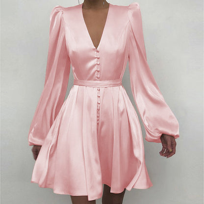 Long Sleeve V Neck Satin Wholesale A Line Dresses With Belt