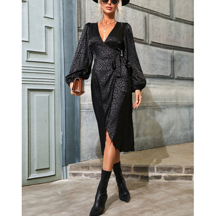 Sexy V Neck Tie-Up Long Sleeve Split Midi Dress Wholesale Dresses