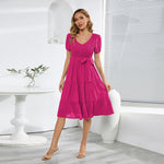 Solid Color Commuter V-Neck Short-Sleeved Pleated Slim-Fit Big Swing Stitching Midi Dress Wholesale Dresses