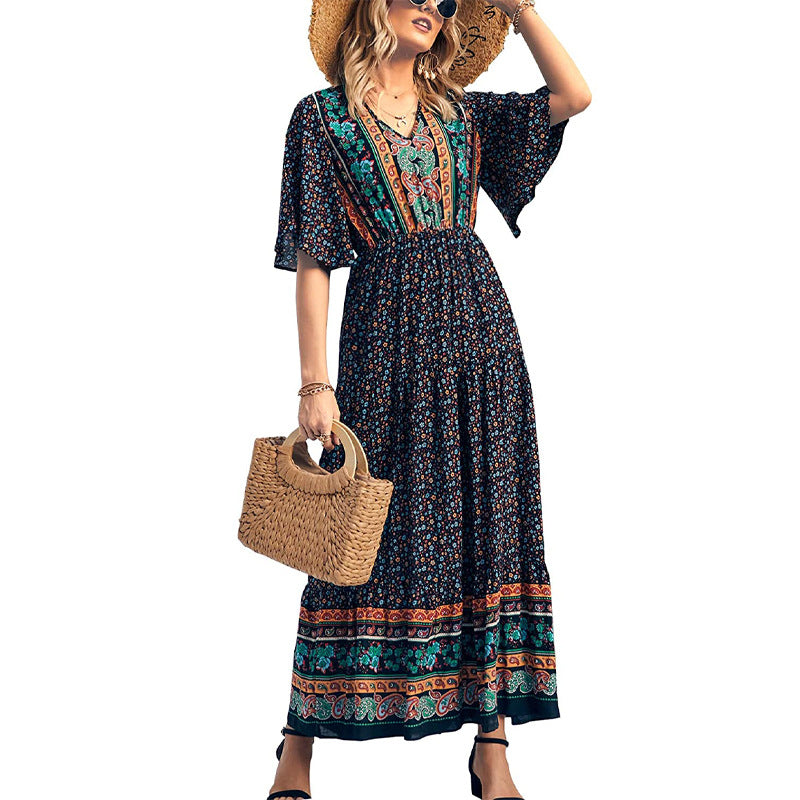 V Neck Boho Style Print Flare Sleeve Elastic Waist Maxi Dresses Wholesale Bohemian Dress For Women