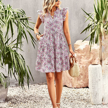 Fashion Floral Print V Neck Frill Sleeve Dress Wholesale Dresses