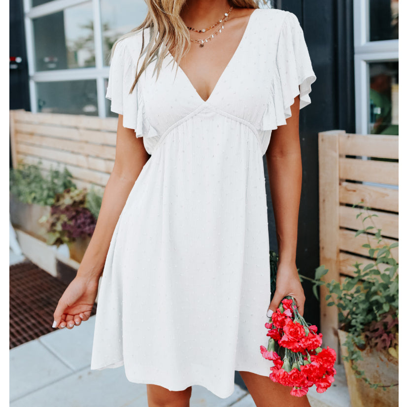 Swiss Dot Ruffle Sleeve Deep V Neck Backless Wholesale T-shirt Dresses Summer