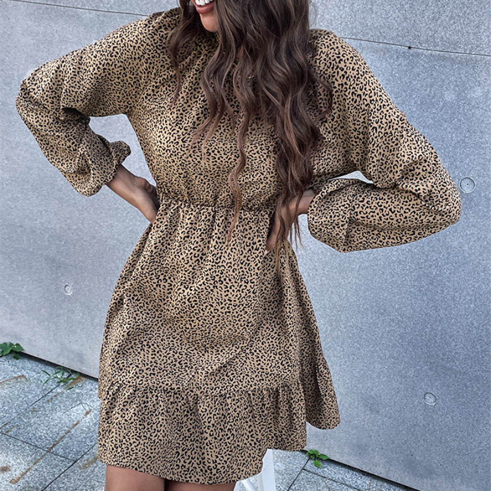 Women Fashion Long Sleeve Leopard Print Ruffle Wholesale A Line Dresses