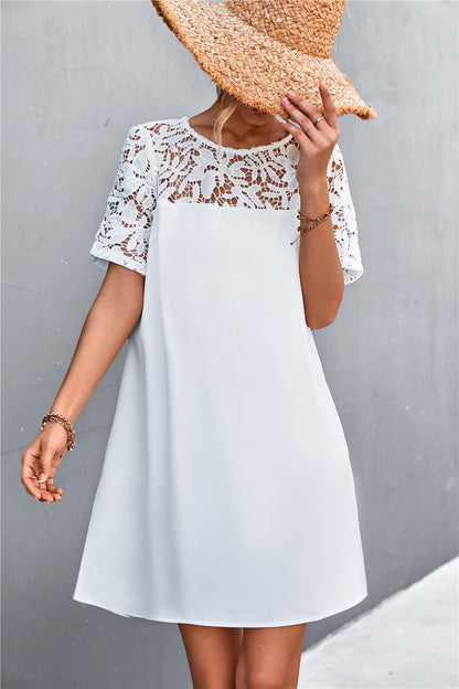 Short Sleeve Round Neck Loose Lace Stiching A-Line Dress Elegant Wholesale Dresses