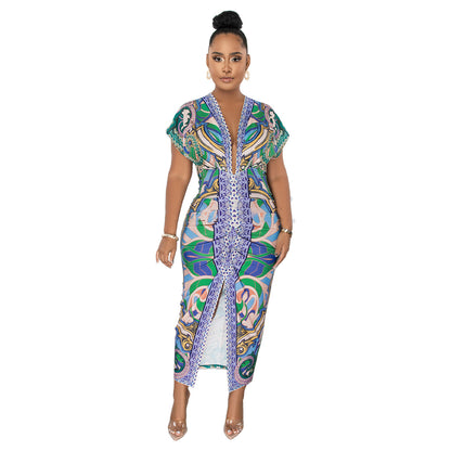 Low-Cut V-Neck Ethnic Print Slit Pleated Raglan Sleeves Slim Dress Wholesale Dresses