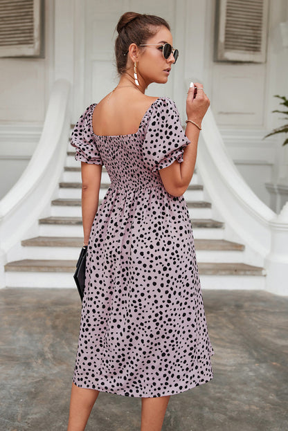 Dot Print Wide Neck Puff Sleeve High Waist Midi Dress Casual Wholesale Dresses