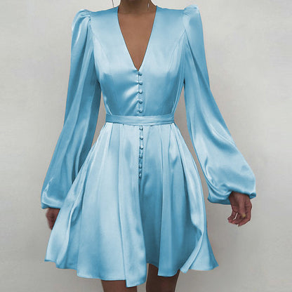 Long Sleeve V Neck Satin Wholesale A Line Dresses With Belt