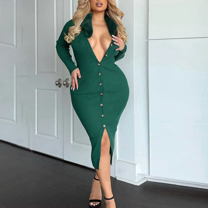 Bodycon Fur Collar Breasted Pit Strip Long-Sleeved Solid Color Dress Wholesale Dresses