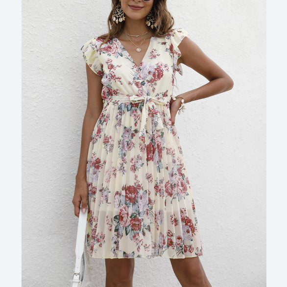 V-Neck Floral Print Ruffle Sleeve Tie-Up Chiffon Swing Dress Casual Wholesale Dresses