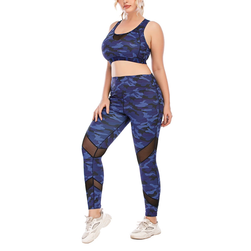 Curvy Fitness Yoga Suits Sport Bra & Mesh Leggings Camo Print Womens Workout Clothes Plus Size Two Piece Sets Wholesale