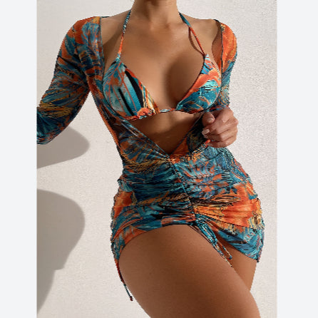 Three Pieces Sexy Lace Up Bikinis Print Swimsuit Bodycon Beach Swimwear Wholesale Vendors SSN560128