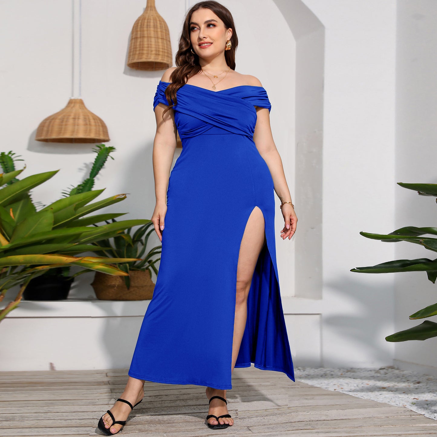 Solid Color Off Shoulder Slim Fit High Waist Slit Elegant Evening Curve Maxi Dresses Wholesale Plus Size Clothing