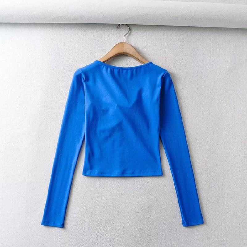Lace-Up Slim-Fit Solid Long-Sleeved Pullover Blouses Wholesale Women Tops
