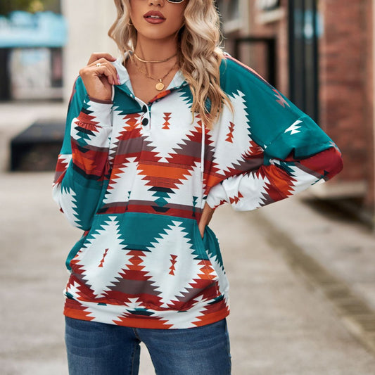 Geometric Print Long Sleeve Hoodie Pocket Hooded Sweatshirt Wholesale Womens Tops