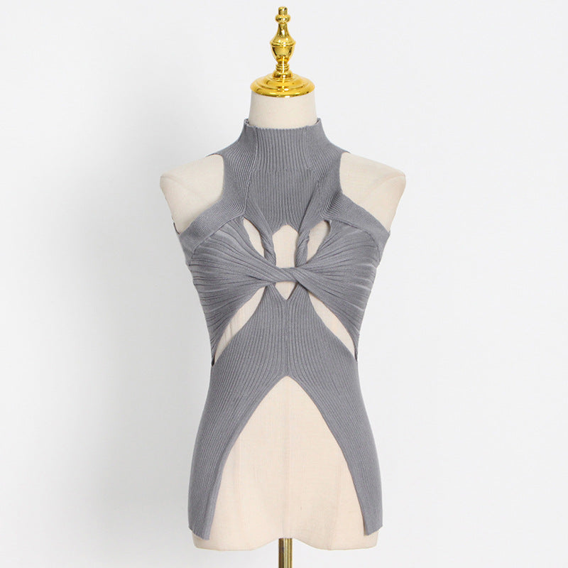 Fashion Stand Collar Plain Sleeveless Irregular Design Cutout Knit Womens Vests Wholesale Tank Tops