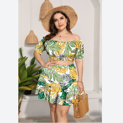 Floral  Crop Top + Skirt Plus Size Two Piece Sets Wholesale For St. Patrick'S Day