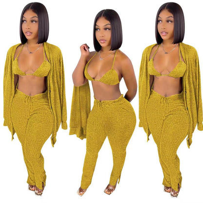 3pcs Solid Wholesale Women Sets Cardigan Bra Pants