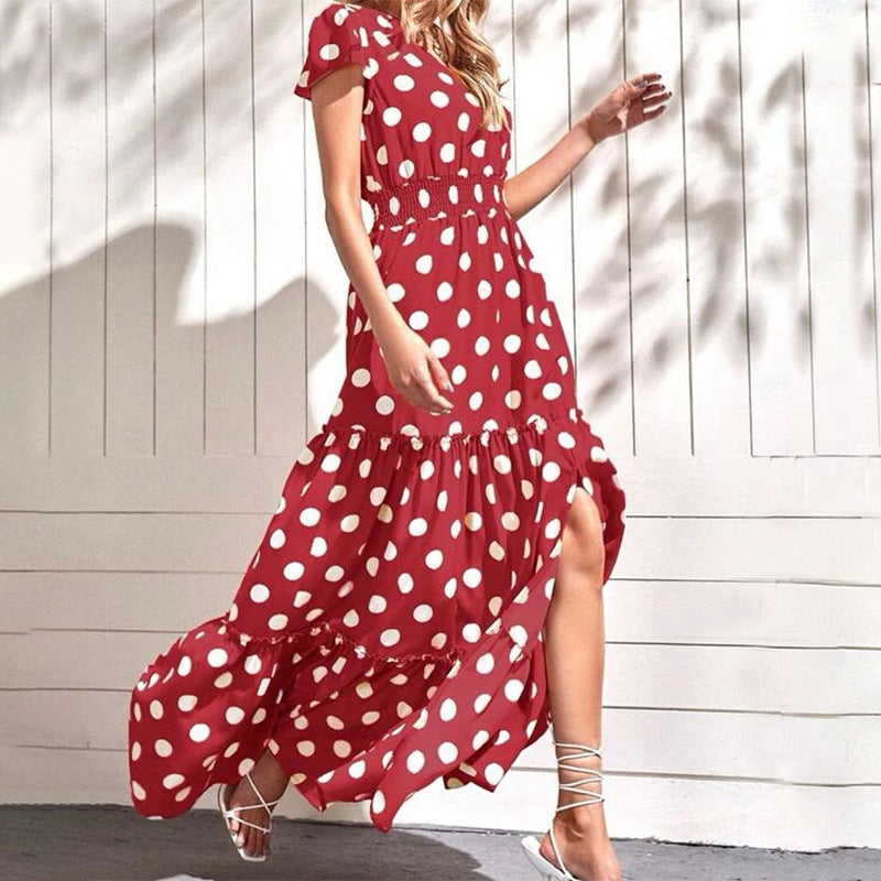 Polka Dot Print V-Neck Casual High Slit Dress Wholesale Maxi Dresses