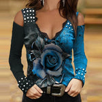 Floral Print Bubble Beads V Neck Lace Stiching Off Shoulder Women'S Tops Fashion Wholesale T Shirts ST531375