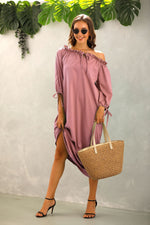 Off Shoulder Solid Color Lantern Sleeve Ruffles Loose Dress Casual Wholesale Maxi Dresses