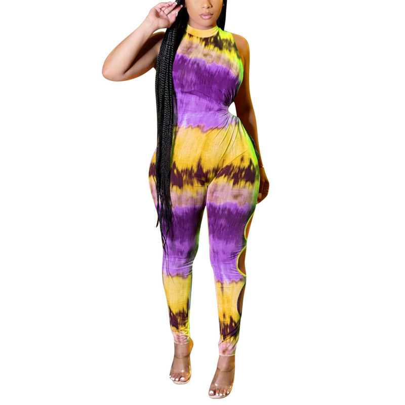 Stand Collar Tie Dye Print Sleeveless Cutout Womens Jump Suits Sexy Wholesale Jumpsuits