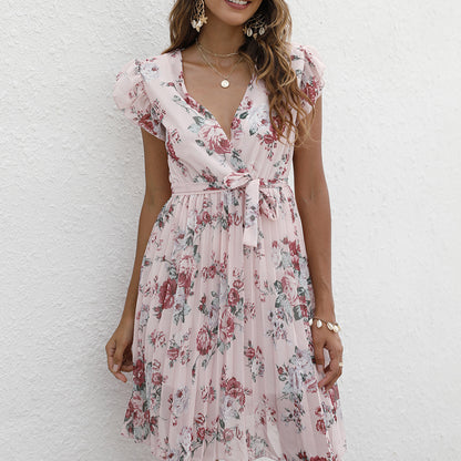 V-Neck Floral Print Ruffle Sleeve Tie-Up Chiffon Swing Dress Casual Wholesale Dresses