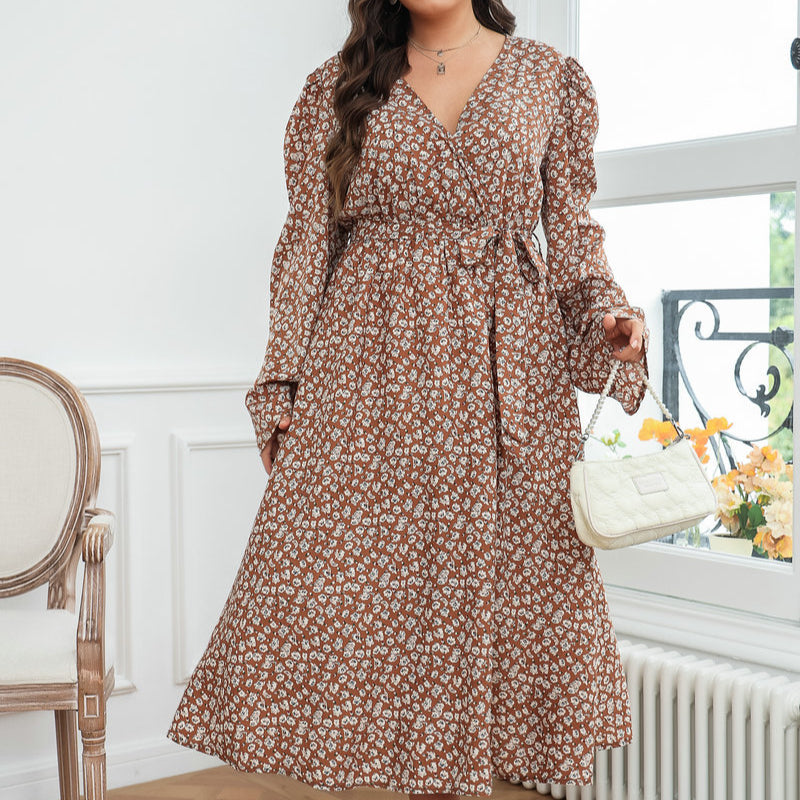 Floral Print Long Sleeve V Neck Tie Waist Wholesale Plus Size Dresses