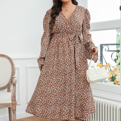 Floral Print Long Sleeve V Neck Tie Waist Wholesale Plus Size Dresses