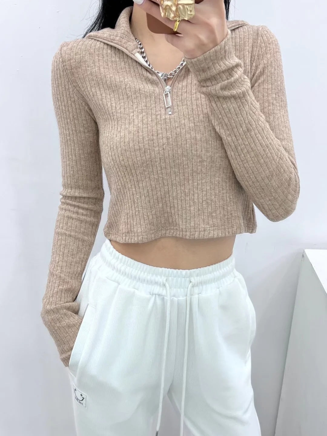 Sexy Lapel Solid Color Zipped Long Sleeve Kitted T-Shirt Wholesale Crop Tops