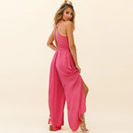 Sling Solid Color Plunge Neck Loose Wide-Leg Womens Slit Maxi Jump Suits Sexy Wholesale Jumpsuits
