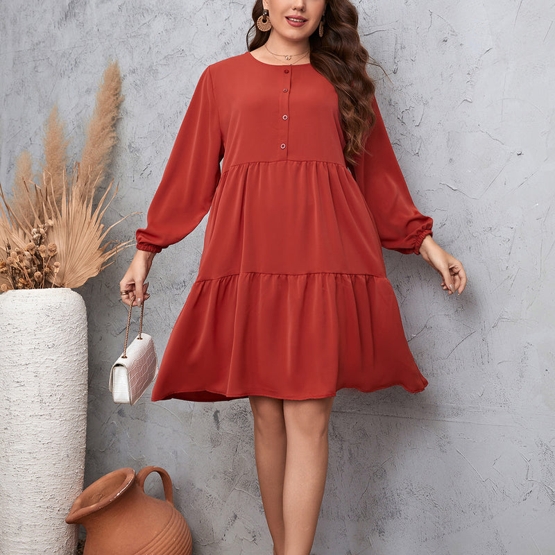 Wholesale Plus Size Women Clothing Loose Long Sleeve Ruffle Casual Midi Dress