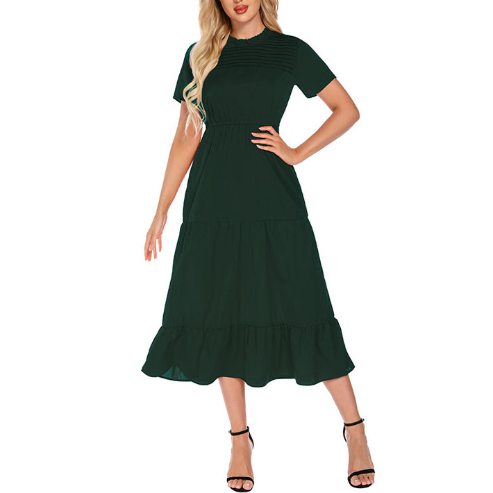 Short-Sleeve Round Neck Midi Chiffon Smocked Dress Wholesale Dresses