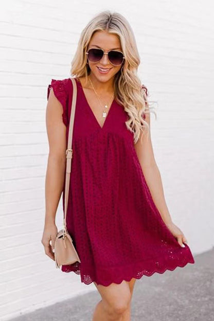 Solid Color V Neck Lace Hollow Frill Sleeve Loose Tank Dress With Pocket Casual Wholesale Dresses