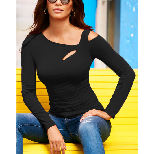 Slanted Shoulders Sexy Openwork Long-Sleeve T-Shirt Wholesale Womens Tops