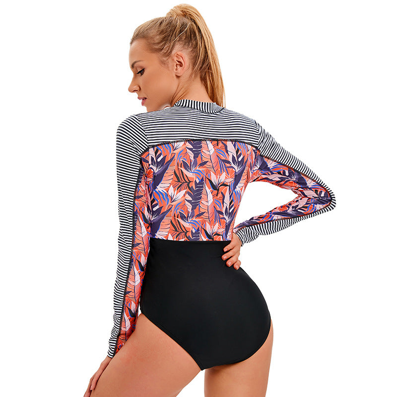 Long Sleeve Printed Womens One Piece Swimsuit Athletic Sunscreen Guard Zipper Surf Clothes Wholesale Swimwear