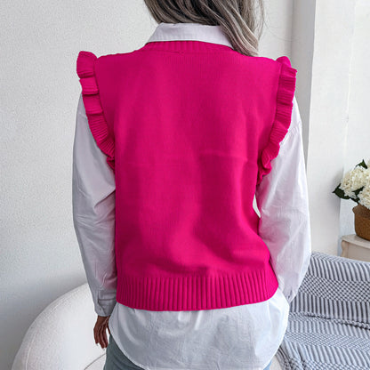 Solid Color Sleeveless Sweater Frill Sleeve Vests Wholesale Womens Tops