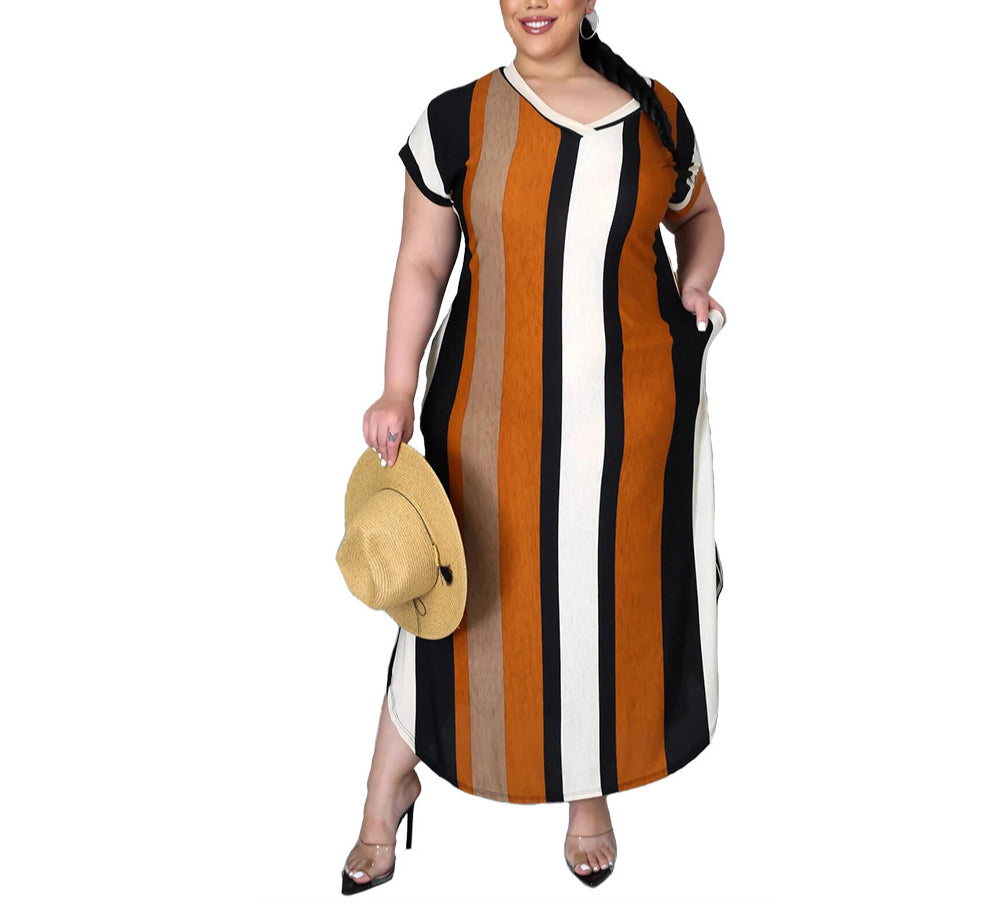 Split Hem Striped Plus Size Maxi Dress