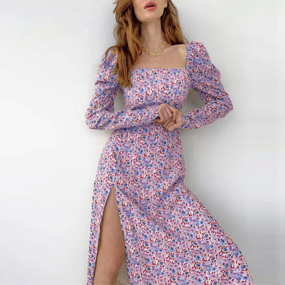 Square Neck Floral Puff Sleeve Midi Dress High Slit Long Sleeve Wholesale Dresses